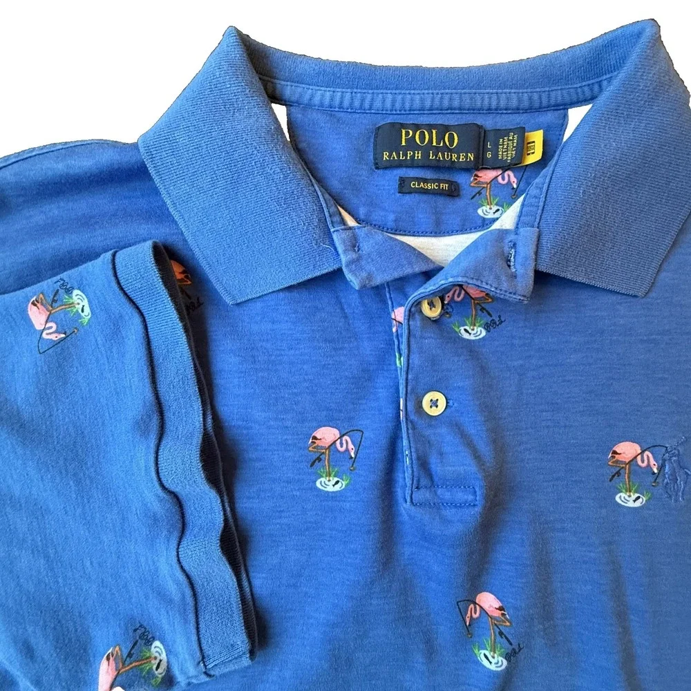 Polo Ralph Lauren Classic Fit‎ Flamingo Polo Shirt Mens L Blue Embroidered AOP